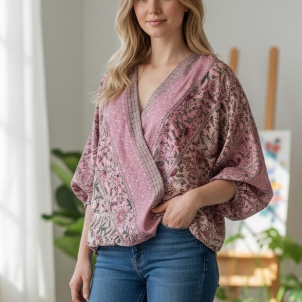 LOVESTITCH DRAPE HIGH LOW FLORAL TOP. BOHO FLOWY PLUNGLING SURPLICE SMALL BLOUSE
